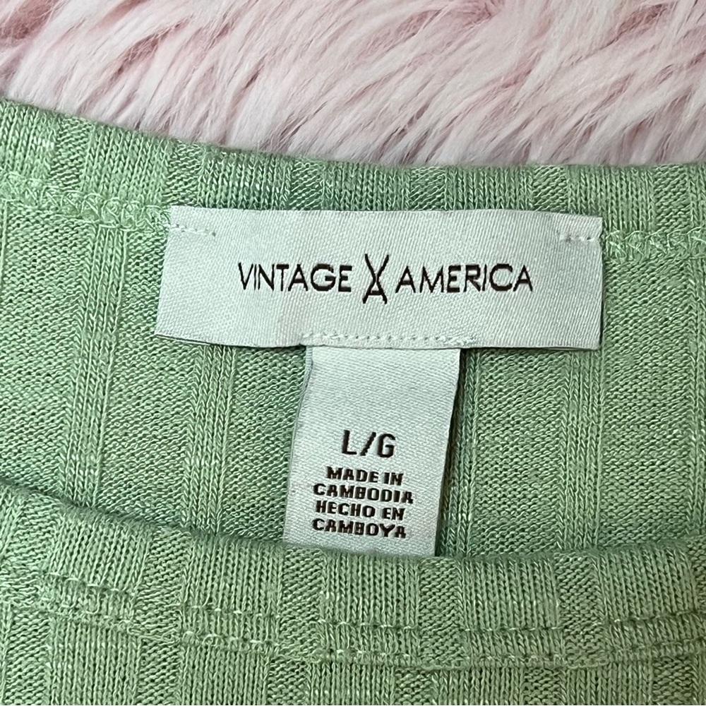 Vintage America Pastel Mint Sage Green Basic Ribbed Tee Shirt Blouse Sz L - Picture 6 of 7